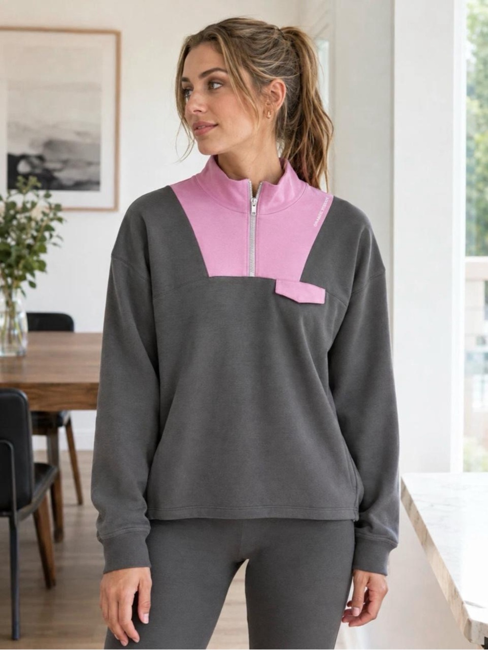 Orangetheory Gray Pullover with Pink Zip Mock Collar